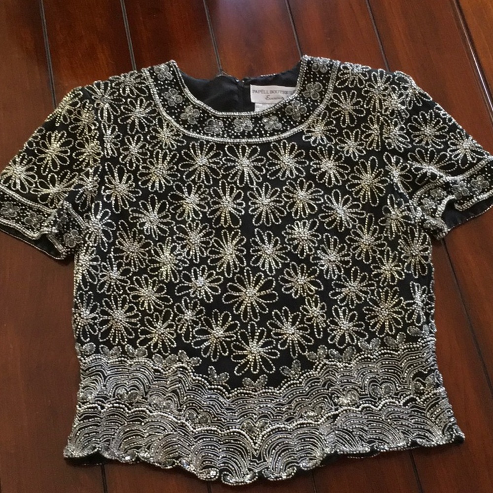 Papell Boutique- Black Silk & Silver Beaded Daisy Flowers Cocktail Top